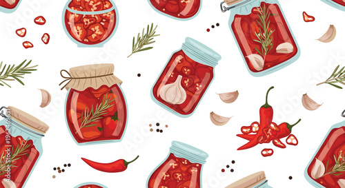 Seamless kitchen pattern showing glass jars filled with red pickled peppers, garlic cloves, and fresh rosemary sprigs on white background.