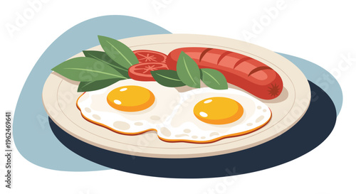 Classic breakfast plate featuring two sunny side up fried eggs, a grilled sausage, tomato slices, and fresh green basil leaves as garnish.