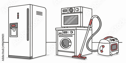 Modern kitchen appliances including a refrigerator, oven, washing machine, and vacuum cleaner