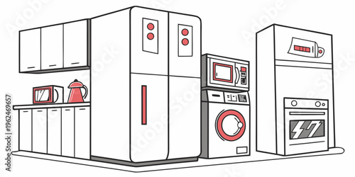 A variety of kitchen appliances including a refrigerator, oven, and microwave.