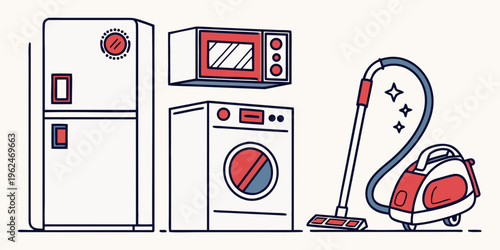 A collection of modern kitchen appliances including a refrigerator, oven, and vacuum cleaner.