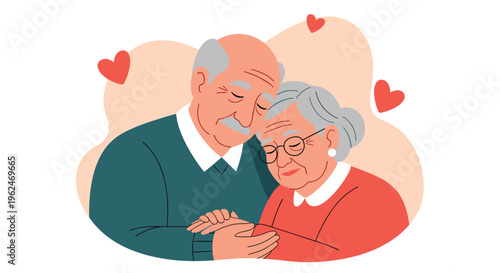 Touching illustration of an elderly couple hugging with closed eyes and surrounded by floating red hearts on a warm abstract background.