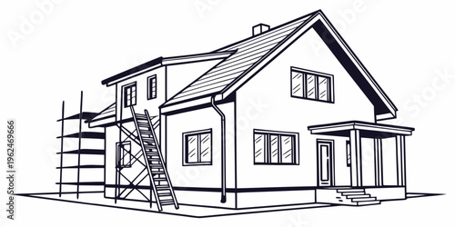 A detailed sketch of a house under construction with scaffolding on the side