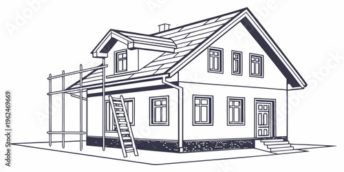 A detailed sketch of a house under construction with scaffolding