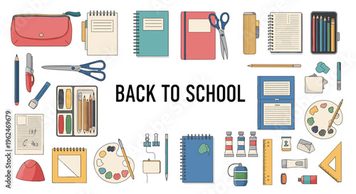 Back to school themed collage featuring an assortment of stationery items like notebooks, pens, scissors, paint palettes, and pencil cases.