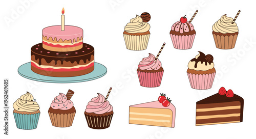 Assorted dessert collection featuring a two tier chocolate and strawberry cake along with many different flavored cupcakes and cake slices.