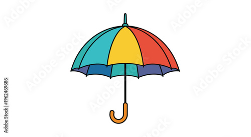Bright colorful umbrella with rainbow stripes and a curved orange handle isolated against a plain white background for rain protection.