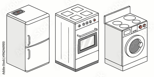 Three essential kitchen appliances: refrigerator, oven, and washing machine