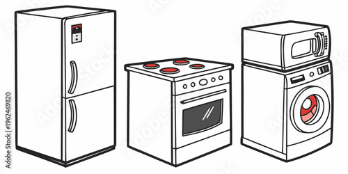 Modern kitchen appliances including a refrigerator, oven, and washing machine