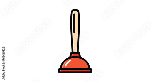 Simple cartoon illustration of a classic toilet plunger with a bright red rubber cup and a smooth wooden handle on a white background.