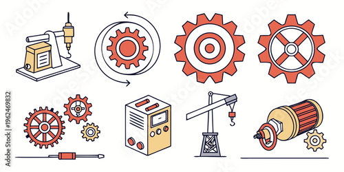 Illustration of various mechanical engineering tools and components.