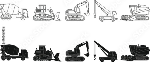 heavy construction machinery and agricultural vehicles. Concrete mixer truck, bulldozer, mobile crane, and excavator. 
