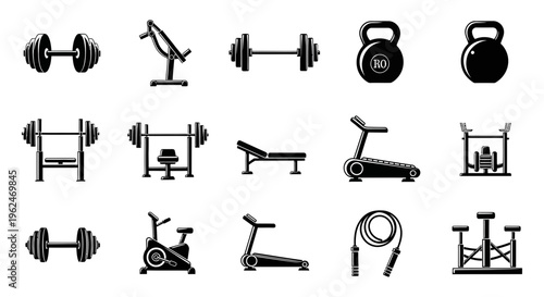 Black icons of various gym equipment and workout tools