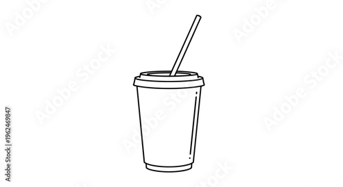 Minimalist black and white line drawing of a disposable paper cup with a plastic lid and a thin straw for takeaway beverages.