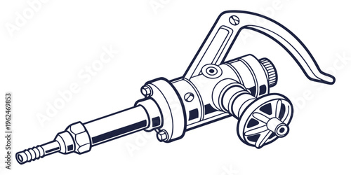 A detailed illustration of a vintage bicycle pump with intricate mechanical parts.