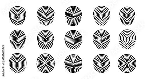 Set of unique fingerprint icons for identity verification purposes