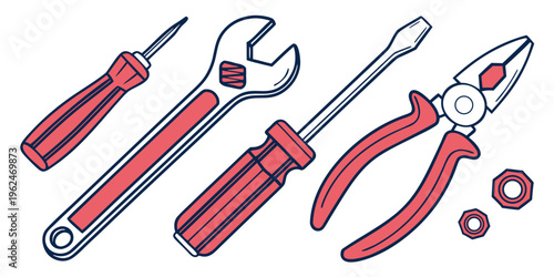 Assorted red-handled tools including a screwdriver, wrench, pliers, and cutters