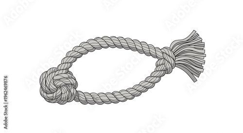 Thick grey cotton rope tied into a decorative monkey's fist knot on one end while the other end has loose frayed fibers for texture.