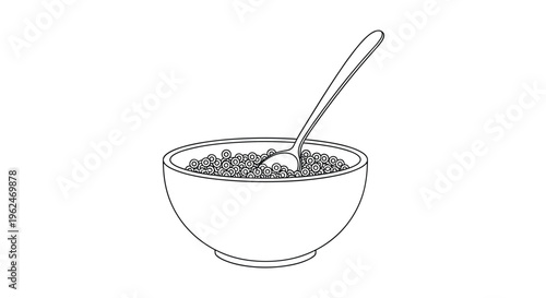 Black and white line drawing of a deep bowl filled with cereal loops and a large metal spoon resting inside for a morning meal.