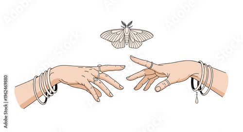 Artistic illustration of two feminine hands reaching toward each other beneath a flying moth with jewelry like rings and bracelets.