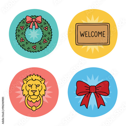 Set of Four Circular Icons with Festive and Decorative Elements.