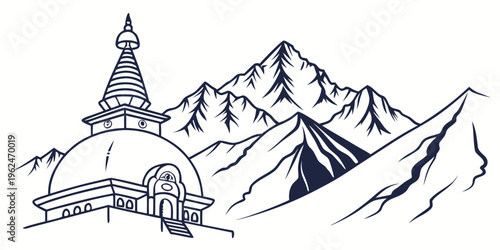 A serene mountain landscape with a temple nestled among the peaks
