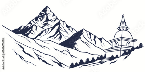 Majestic mountain landscape with a grand temple nestled in the valley