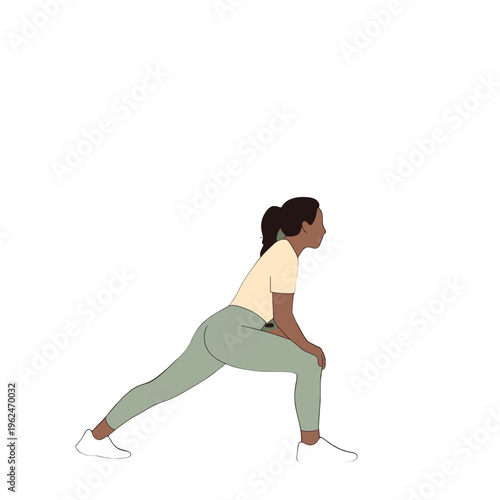 A woman doing a forward lunge stretches to prepare for exercise.
