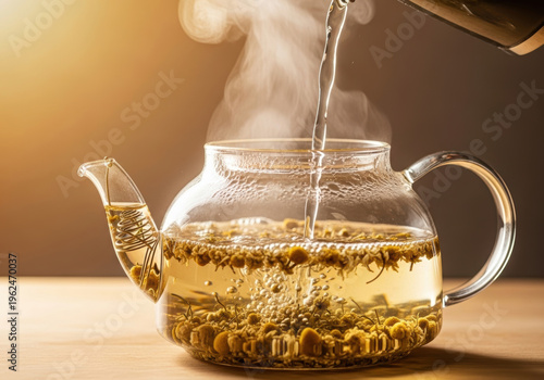 Hot water pour chamomile glass teapot herbal tea steam aromatic calming infusion Hot water pours over dried chamomile flowers transparent glass