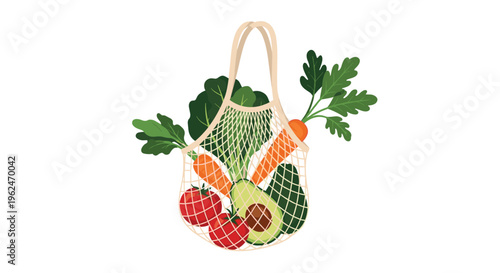 Reusable mesh grocery bag overflowing with fresh healthy vegetables like carrots, tomatoes, greens, and a sliced avocado.