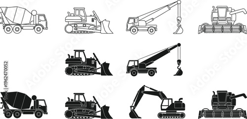 heavy construction machinery and agricultural vehicles. Concrete mixer truck, bulldozer, mobile crane, and excavator. 