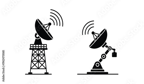 Two satellite dishes on tower and robotic arm silhouette