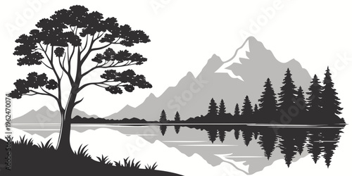 A serene lakeside scene with mountains and trees under a starry night sky