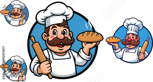 Cartoon baker mascot set, friendly chef holding fresh bread and rolling pin, professional bakery logo character vector illustrations