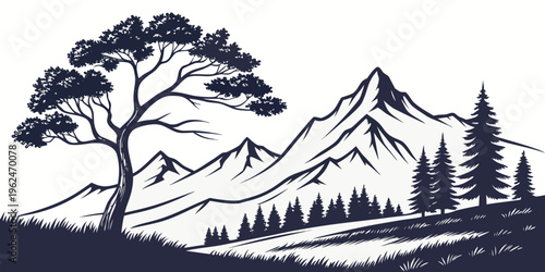 A serene landscape featuring a lone tree standing tall on a mountain peak