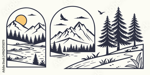 Three distinct landscapes showcasing mountains, trees, and a sun, each with unique elements