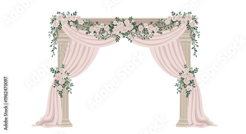 Elegant wedding ceremony arch decorated with soft pink drapes, classical white columns, and lush arrangements of white roses.