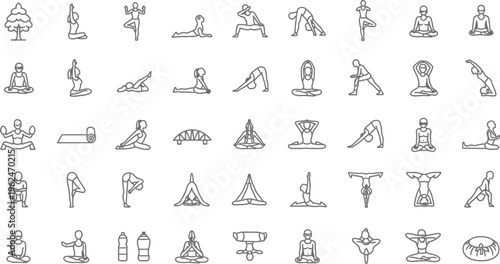 A comprehensive set of outline icons displays numerous distinct human yoga poses and asanas used for physical exercise and posture training.