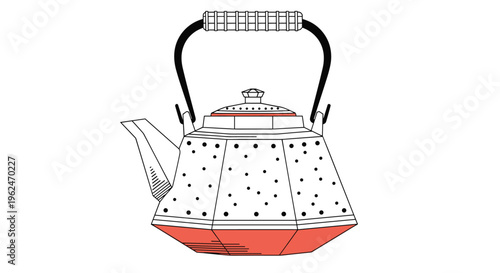 Traditional metal tea kettle with a black handle and a white body decorated with a pattern of small black dots.