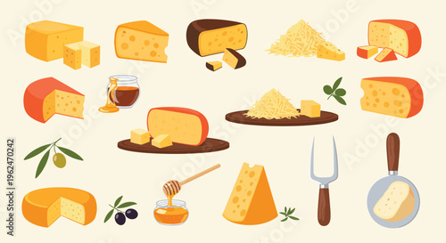 Comprehensive collection of various types of cheese including blocks, wedges, grated portions, honey, and fresh olives.