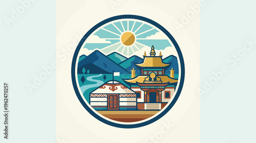 Mongolian Landscape Emblem with Mountains Sun and Buildings