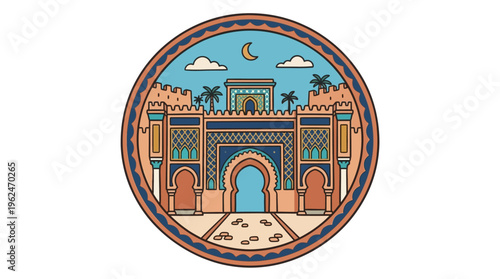 Moroccan Architecture in a Circle Emblem