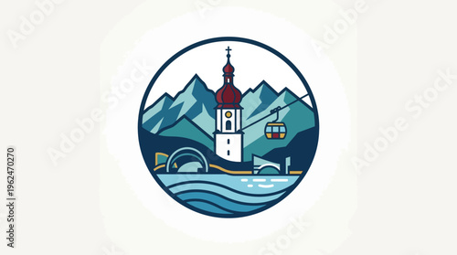 Mountain Town Circle Logo Featuring Cable Car and Church