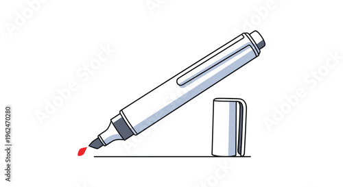 Thick white permanent marker pen with its cap removed, leaving a bold red ink mark on a clean horizontal surface line.