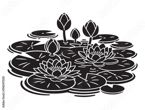 Peaceful water lilies on pond silhouette with calming scenery 