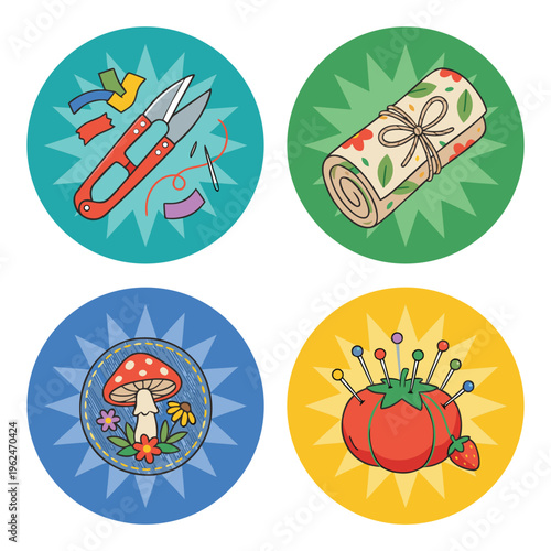 Set of Four Circular Illustrations Featuring Craft and Nature Elements.