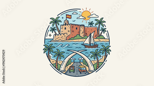 Coastal Scene with Castle and Road in Circle