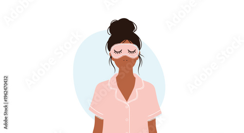 Woman with dark hair pulled up in a bun wearing a pink sleep mask and matching pajamas against a soft blue circle.