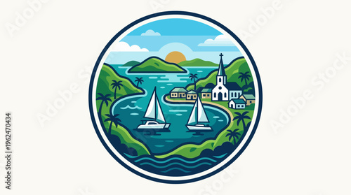 Scenic Coastal Village with Sailboats in a Circular Design