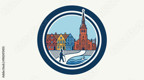 Colorful Architectural Scene Within a Circular Emblem